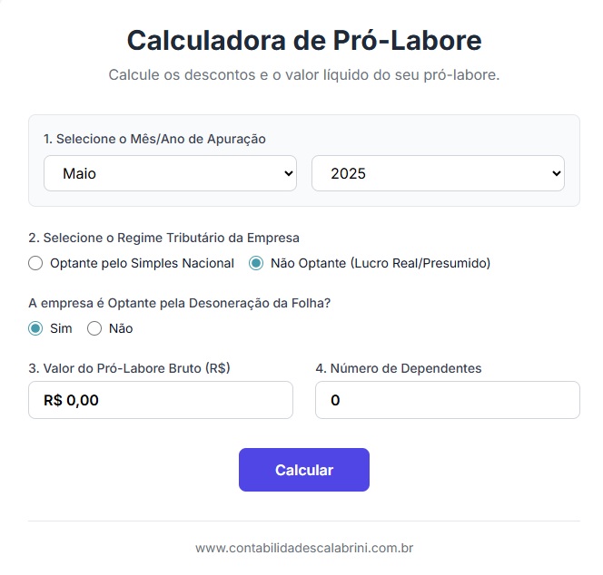 Calculadora de Pró-Labore 2026 - Contabilidade em BH